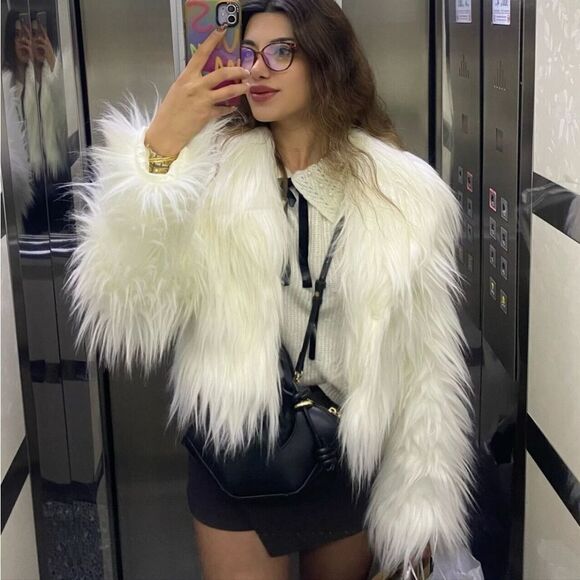 Zara Faux Fur Cardigan Lapel Collar Jacket White Nwt - Picture 14 of 16